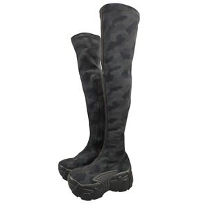 Dolls Kill Club Exx Camo Print Over The Knee Platform Boots Black Chunky Sole 6